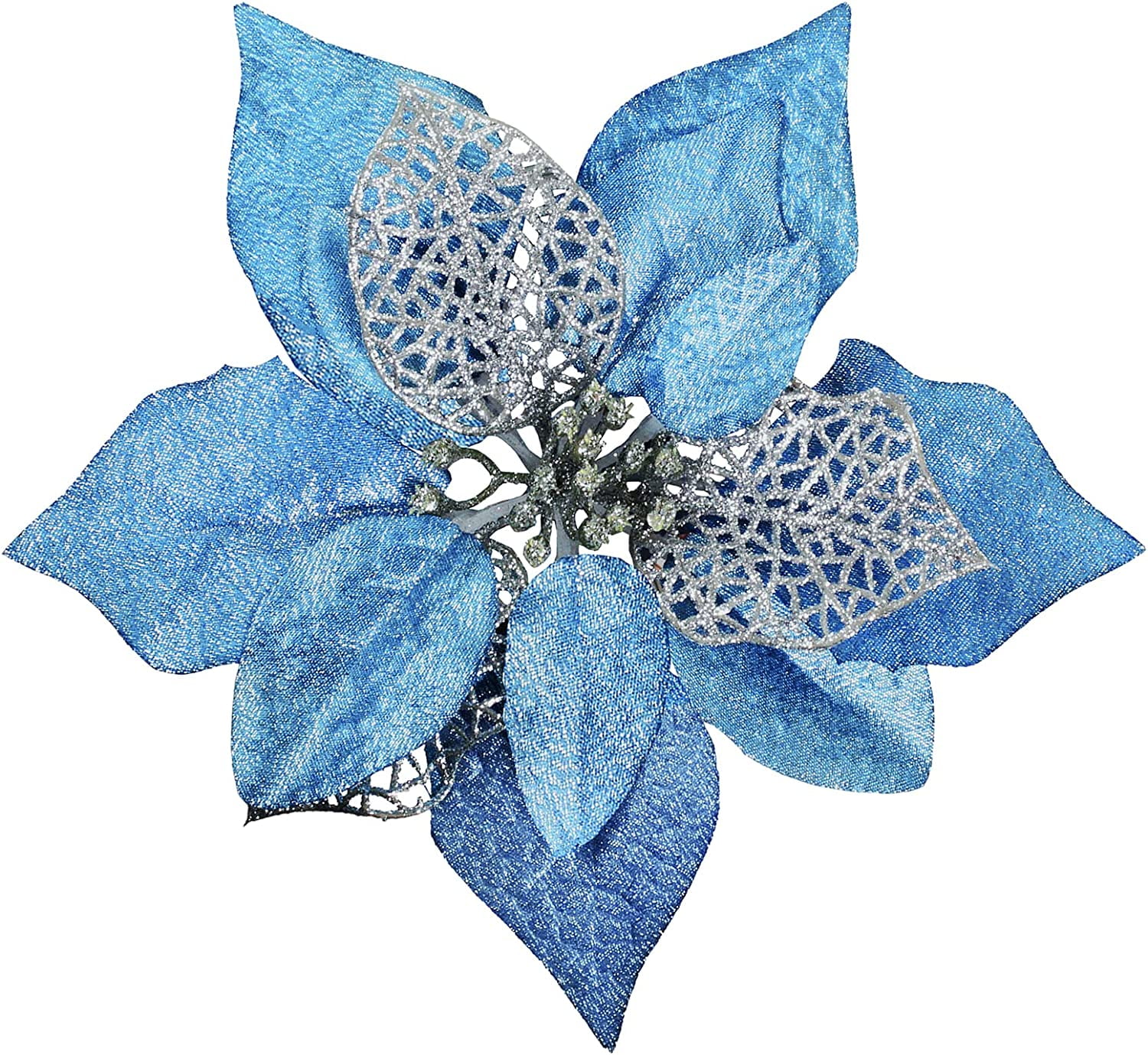MINKUROW 20 Set 8.7" Wide 3 Layers Christmas Blue Glitter Poinsettia Flowers Picks Christmas Tree Ornaments for Blue Christmas Tree Wreath Garland Seasonal Holiday Wedding Decorations Gift Box