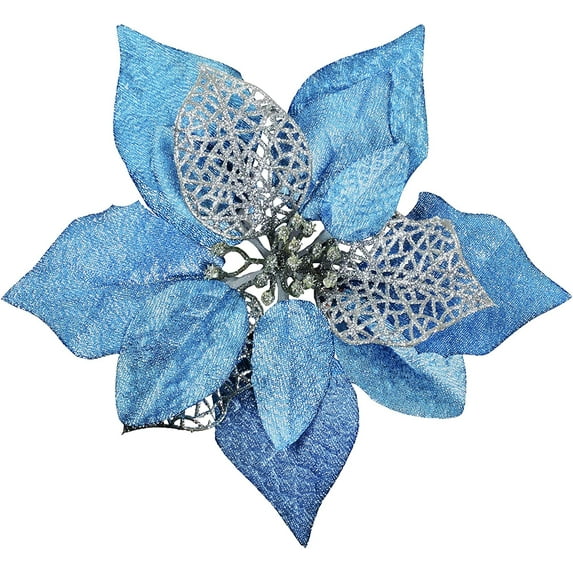 MINKUROW 20 Set 8.7" Wide 3 Layers Christmas Blue Glitter Poinsettia Flowers Picks Christmas Tree Ornaments for Blue Christmas Tree Wreath Garland Seasonal Holiday Wedding Decorations Gift Box