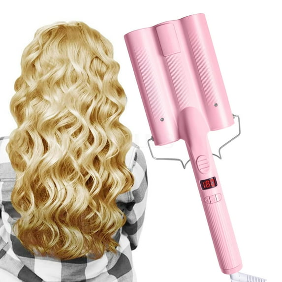 MINKUROW 3 Barrel Curling Iron Wand 35mm Hair Curler Waver Temperature Adjustable Ceramic Hair Curling Iron (Pink)
