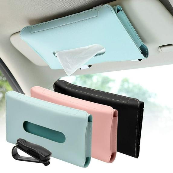 MINKUROW 3 Pack Car Tissue Holder,PU Leather Sun Visor Napkin Box Holder,Hanging Tissue Mask Holder with Glasses Clip for Car Visor,Auto