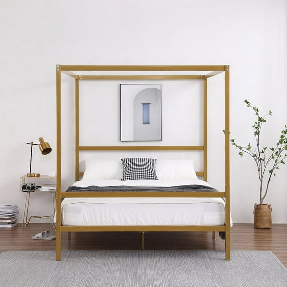 MINKUROW King Size Metal Canopy Bed,Square Tube Four-Poster Canopied Bed with Headboard and Footboard,Platform Bed Frame with Sturdy Slatted Structure,No Box Spring Needed,Noise Free,Gold