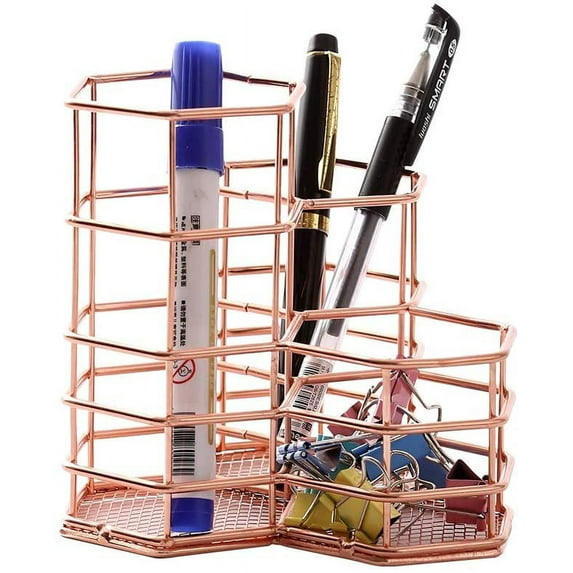 MINKUROW Metal Pen Pot,Holder Fashion Openwork Round Iron Art Writing Tool Holder Desk Organiser Pen Holder Organiser Makeup Brush Holder Rose Gold