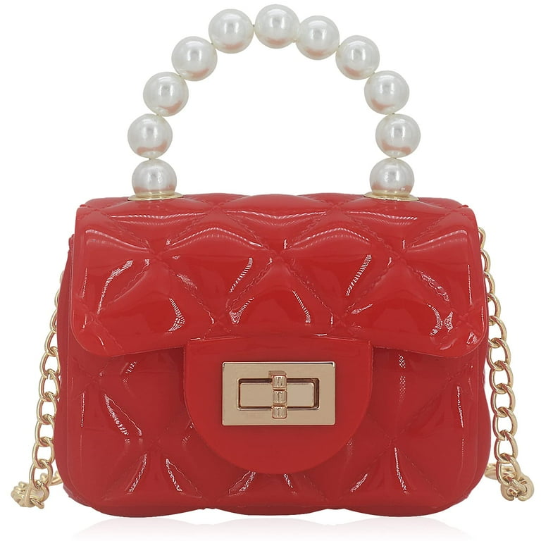 MINKUROW Mini Jelly Purse Flap Handbag with Pearls Top Handle Faux Quilted Crossbody Bag Red