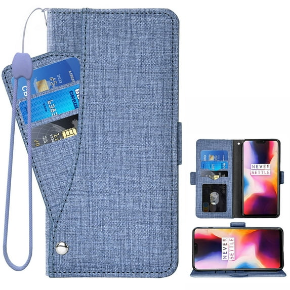 MINKUROW OnePlus 6 Case,iCoverCase Genuine Leather Wallet Case Slim Fit Folio Book Design with Stand and Card Slots Flip Case Cover for OnePlus 6 (Blue)