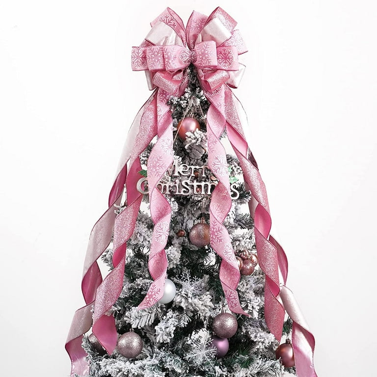 MINKUROW Pink Christmas Tree Topper Pink Glitter Christmas Bows 12 
