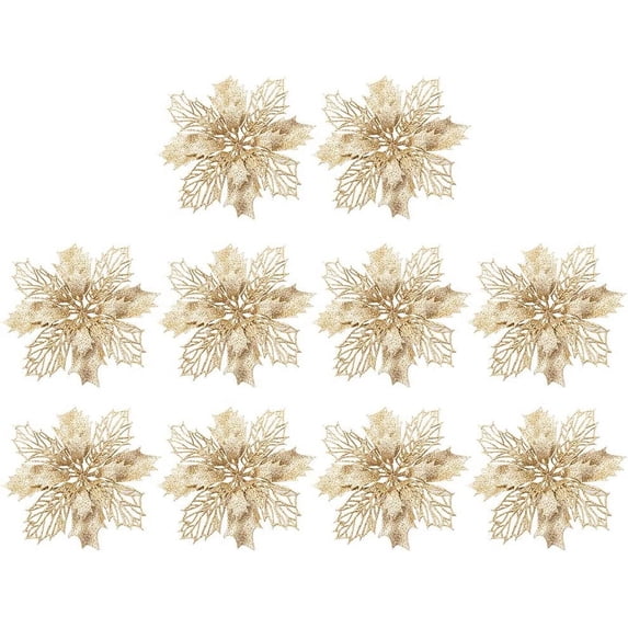 MINKUROW Poinsettia Artificial Flowers with Clips and Stems Sequins Glitter Christmas Faux Flowers Tree Ornaments Poinsettia Decorations for Xmas Wedding Party Wreath 10Pcs-Light Gold