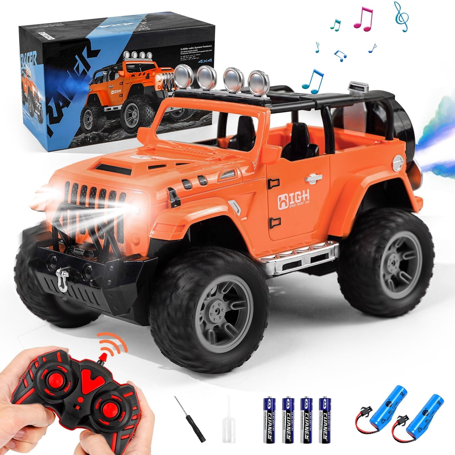 MINKUROW Remote Control Car with Spray - RC Cars with Spade Toy & 2 Batteries for 50Min Play Remote Control Jeep with Trailer Hitch Multifunctional RC Jeep Car Toys Gifts for Kids Age 6+