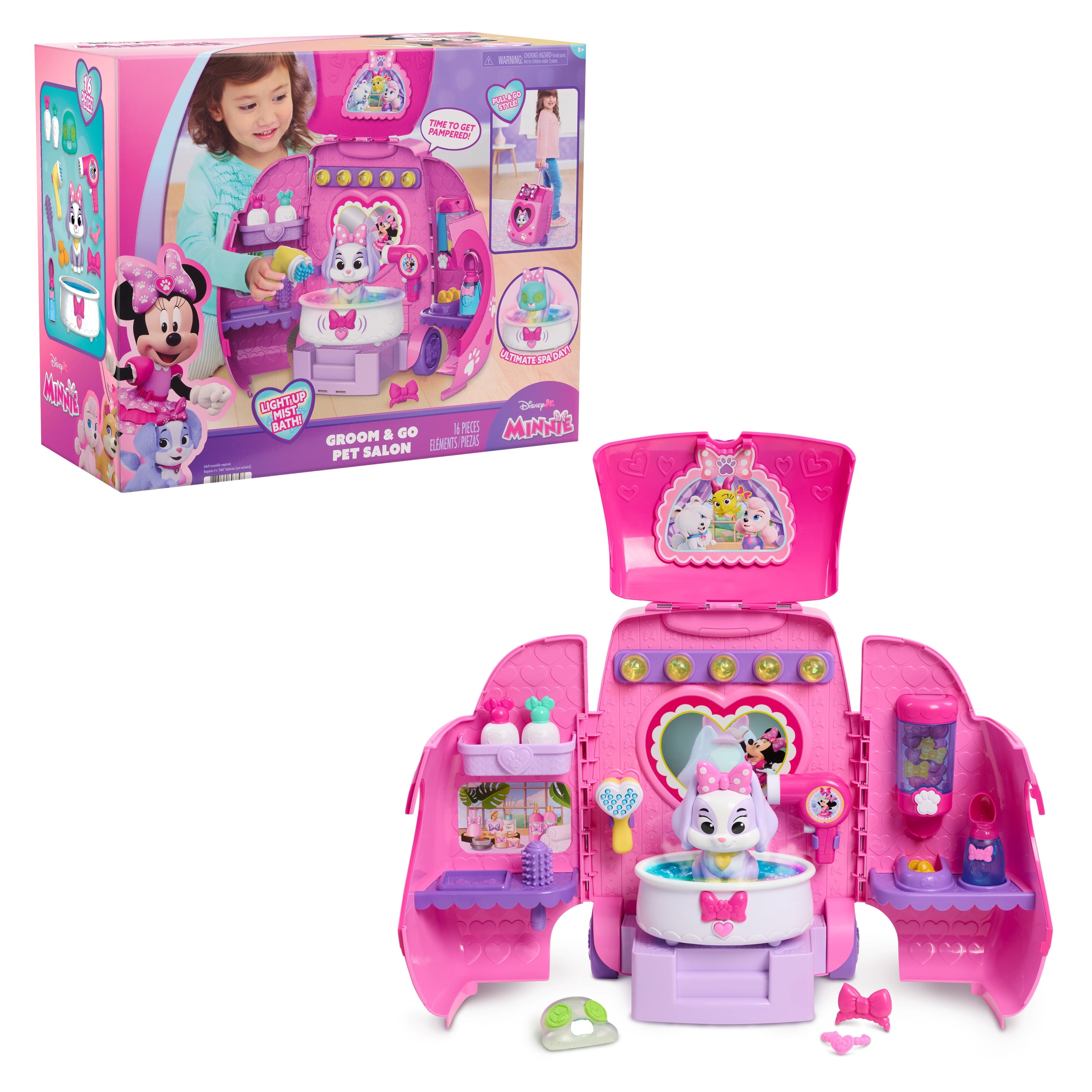 Disney Jr. Minnie Mouse Groom & Go Pet Salon Playset with Lights, Sounds, Role-Play Toy with 16 Accessories, and Cream Puff Figure, Ages 3 and up