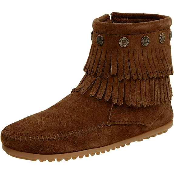 MINNETONKA Double Fringe Side Zip Boots Dusty Brown