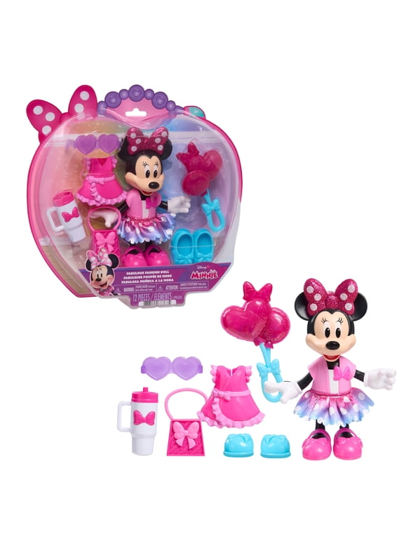 Disney Jr. Minnie Mouse Fashion Doll, 6-Inch Poseable Minnie Doll with 2 Easy-On Outfits, 12 Pieces Including Shoes and Accessories, Ages 3 and Up