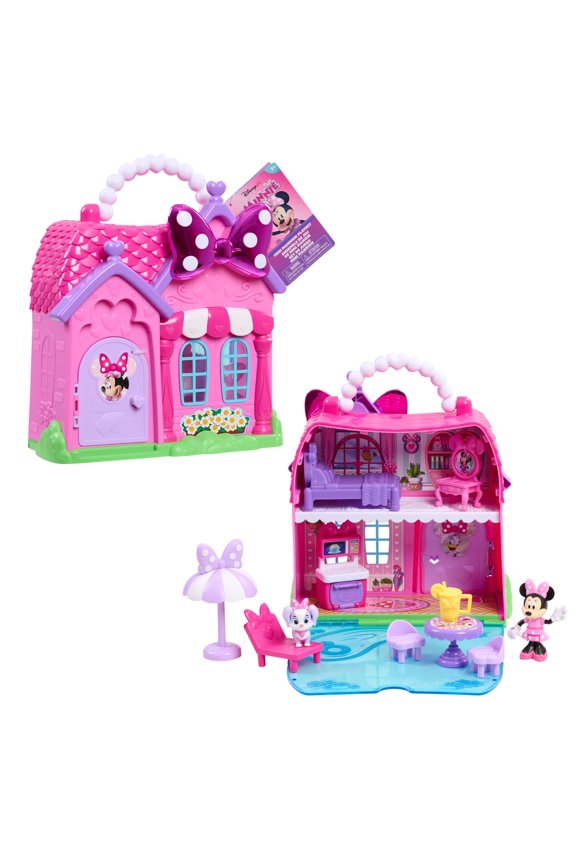 Disney Jr. Minnie Mouse Mini Mansion Playset Dollhouse, Portable Foldable House with Figures, 12 Pieces, Kids Ages 3 Years and Up