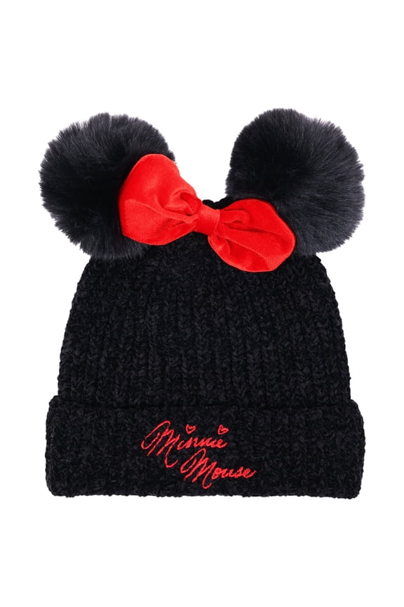 Minnie Mouse Red Bow Chenille Yarn Faux Fur Pom Ears Beanie