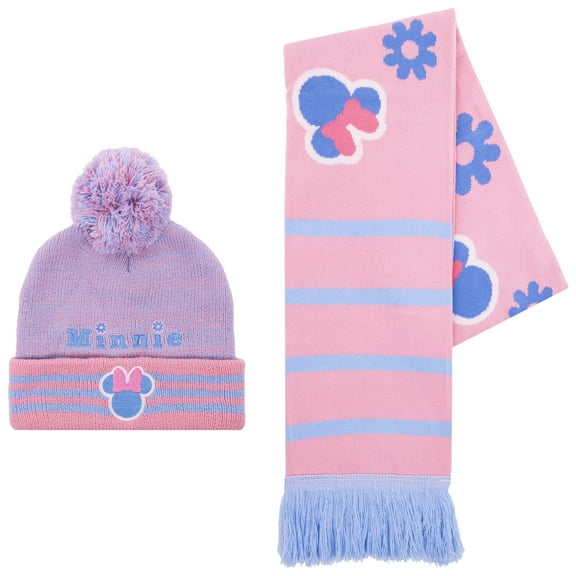 Minnie Mouse with Bow Floral Striped Beanie and Scarf 2pc Set