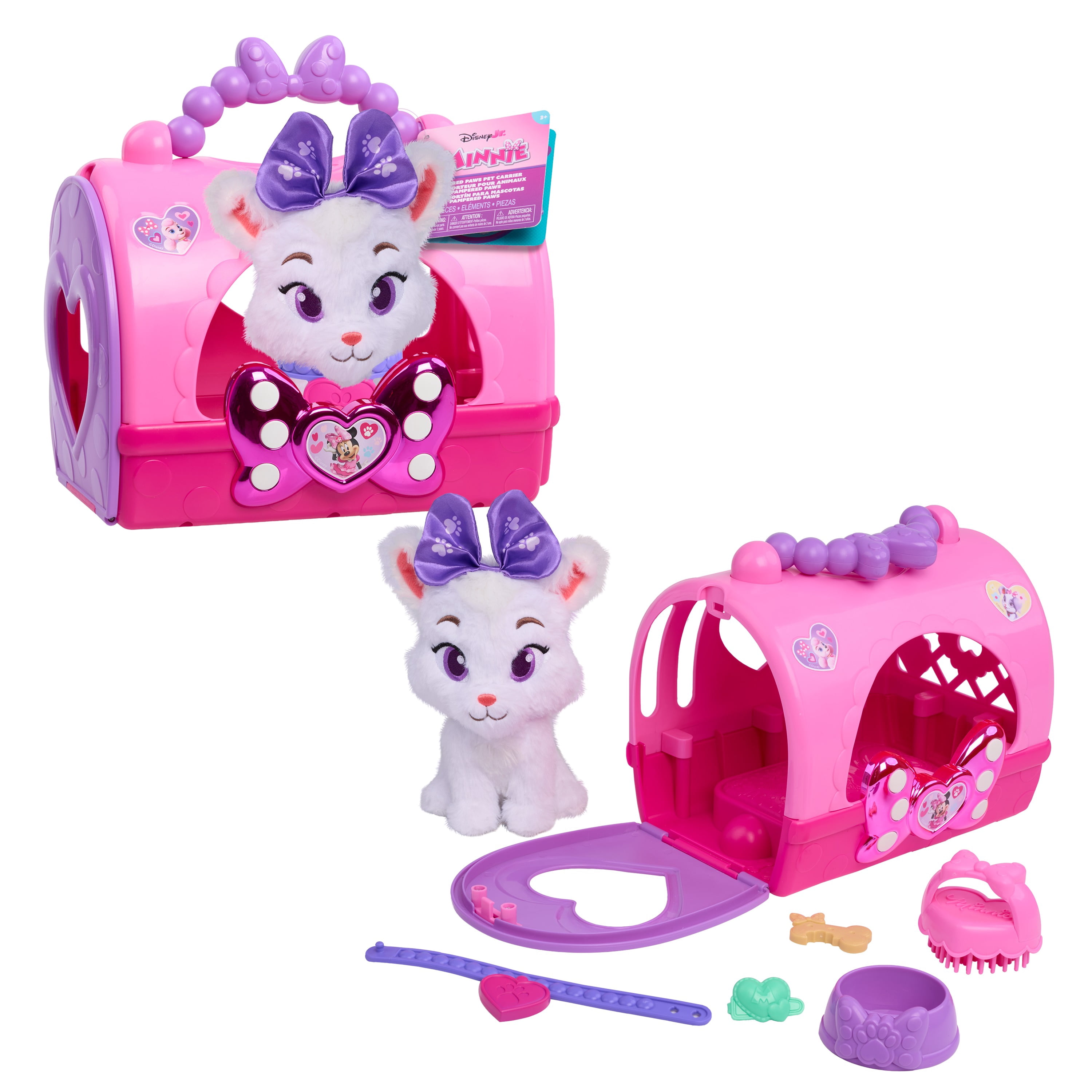 Disney Jr. Minnie Mouse Pampered Paws Pet Carrier, 7-Piece Role-Play Set with Plush Kitty, Collar, Brush and Accessories, Ages 3 Years and up