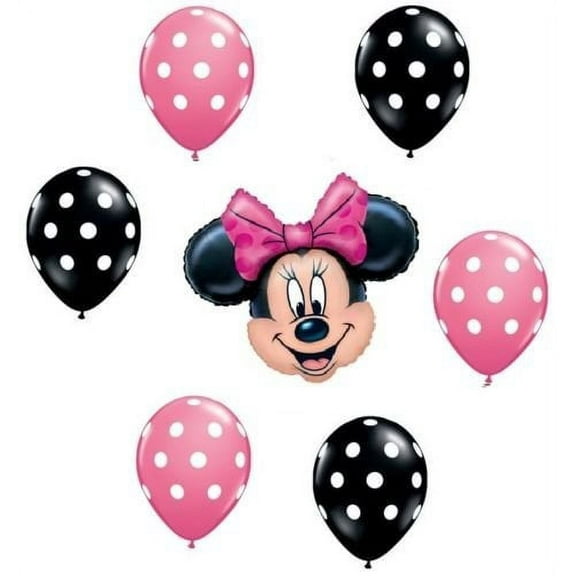 MINNIE MOUSE Pink Black Polka Dots Head Face Ear (7) Mylar & Latex Balloons Set