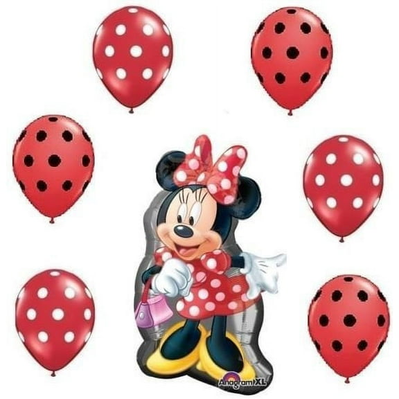 MINNIE MOUSE Red Black Polka Dots Body Figure 7 Mylar + Latex Balloons Set Kit