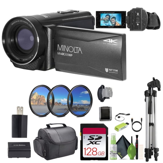 MINOLTA MN4K300WP 4K Ultra HD / 56 MP Waterproof Video Camcorder (Black) Bundle With 128GB Memory Card + Camera Tripod + More Accessories