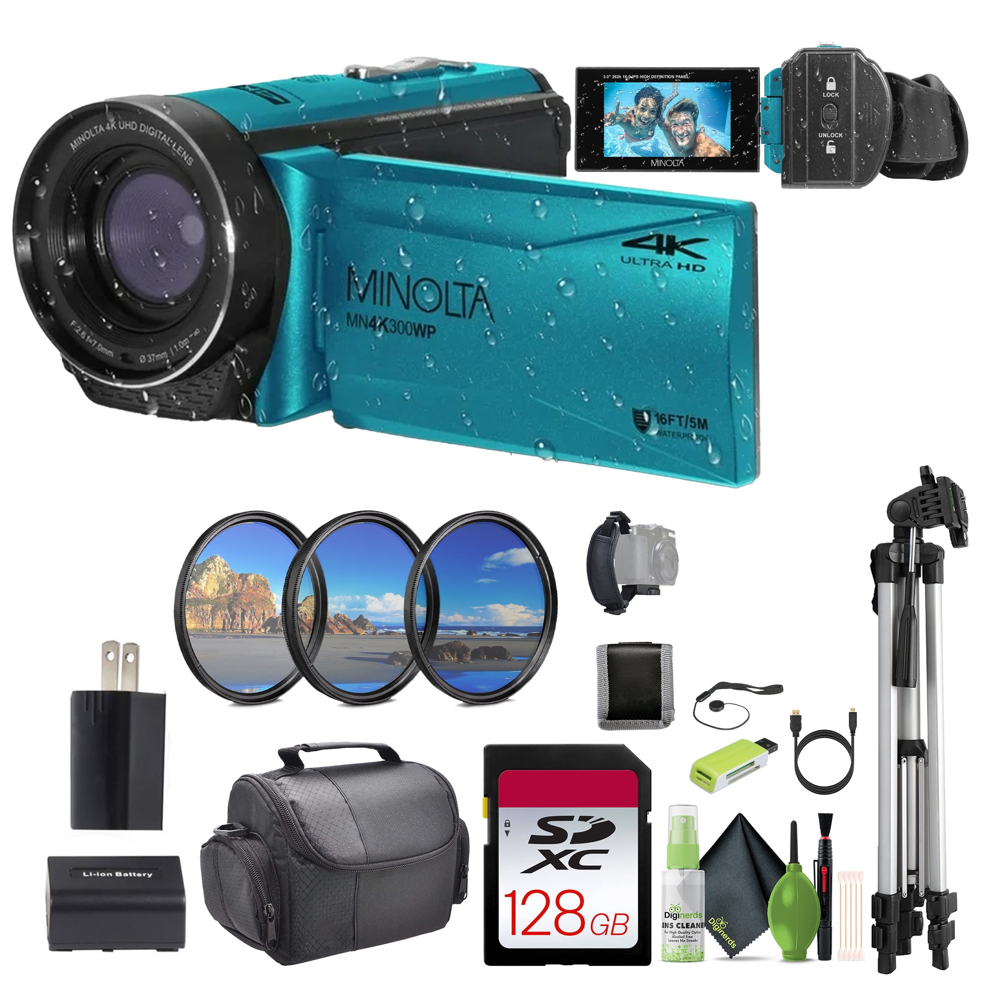 MINOLTA MN4K300WP 4K Ultra HD / 56 MP Waterproof Video Camcorder (Blue) Bundle With 128GB Memory Card  + Camera Tripod + More Accessories