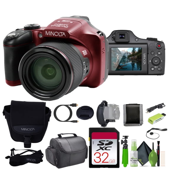 MINOLTA MN67Z 20 MP / 1080P FHD Bridge Digital Camera w/67x Optical Zoom (Red) Bundle with 32GB Memory Card + Camara Bag + Cleaning Kit + Vlogging Tripod + Accessories