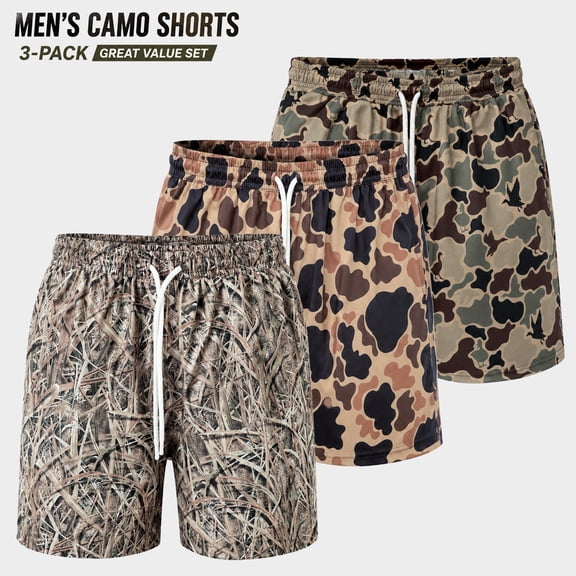 MINOUVA Men's Duck Camo 5-Inch Inseam Performance Shorts 3-Pack - Lightweight Quick-Dry Athletic Shorts with Pockets, Size S