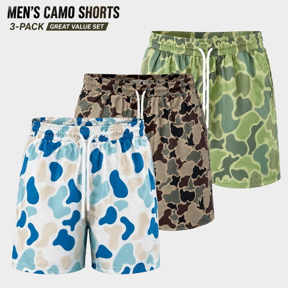 MINOUVA Men's Marsh Duck Camo 5-Inch Inseam Performance Shorts 3-Pack - Lightweight Quick-Dry Athletic Shorts with Pockets, Size M