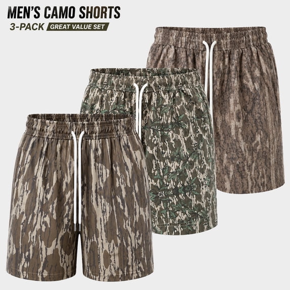 MINOUVA Men's Mossy Forest Camo 5-Inch Inseam Performance Shorts 3-Pack - Lightweight Quick-Dry Athletic Shorts with Pockets, Size S