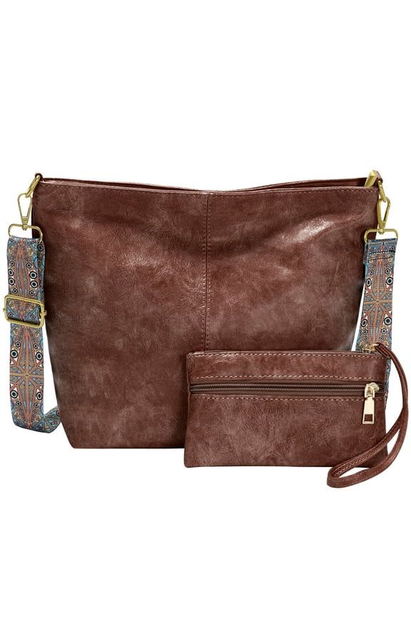 Women's Premium Texture Commuter Vintage Wide Strap Crossbody Tote Bag, Brown