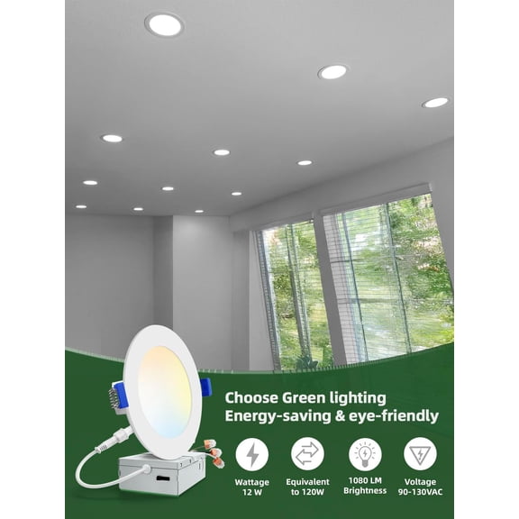 MINSUI-1 Pack 6 Inch 5CCT Ultra-Thin LED Recessed Ceiling Light with Junction Box, 2700K/3000K/3500K/4000K/5000K Selectable, 12W Eqv 110W,Dimmable, led can Lights- ETL and Energy Star Certified