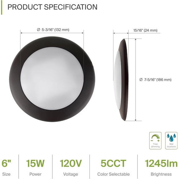 MINSUI-1 Pack LED Disk Lights 6 Inch, 15W 5CCT 2700K-5000K 1245LM CRI90+, Dimmable Flush Mount Ceiling Light Fixture, Low Profile Surface Mount Disc Lights, Junction Box or Recessed Can Install, UL