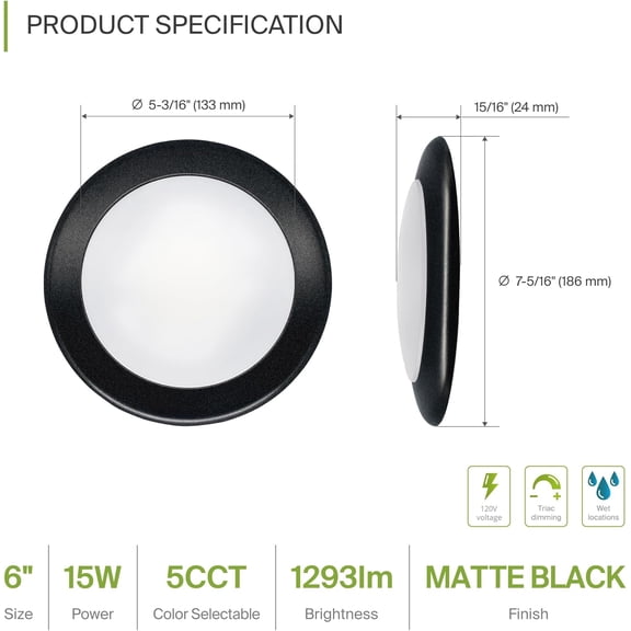 MINSUI-1 Pack LED Disk Lights 6 Inch, 15W 5CCT 2700K-5000K 1245LM CRI90+, Dimmable Flush Mount Ceiling Light Fixture, Low Profile Surface Mount Disc Lights, Junction Box or Recessed Can Install, ETL