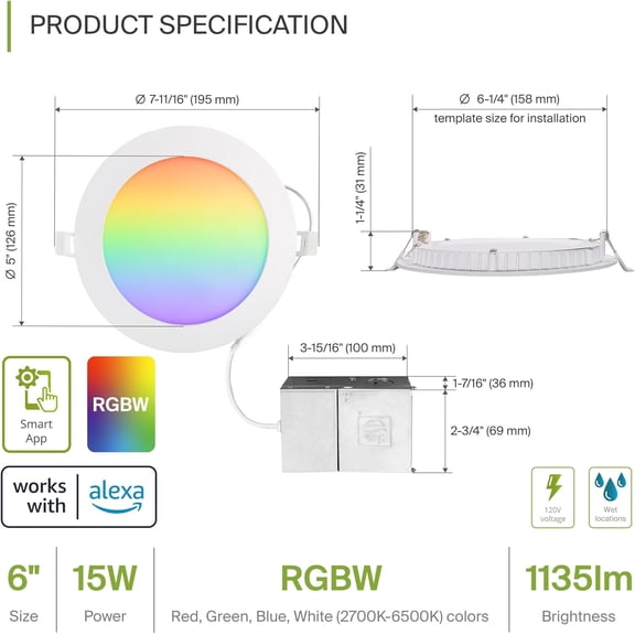 MINSUI-1 Pack LED Smart Recessed Lighting 6 Inch 15W, RGBW Color Changing Lights, Compatible with Alexa & Google Assistant, Dimmable 2700K-6500K Selectable RGB Lights, WiFi Bluetooth Ceiling Light, E