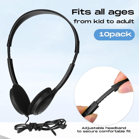 MINSUI-10 Pack Bulk Over Ear Headphones Set On Ear Headsets Earphones with Adjustable Headband and 3.5mm Plug for Group Learning, Computer Lab, Library, Online Lesson (Black)