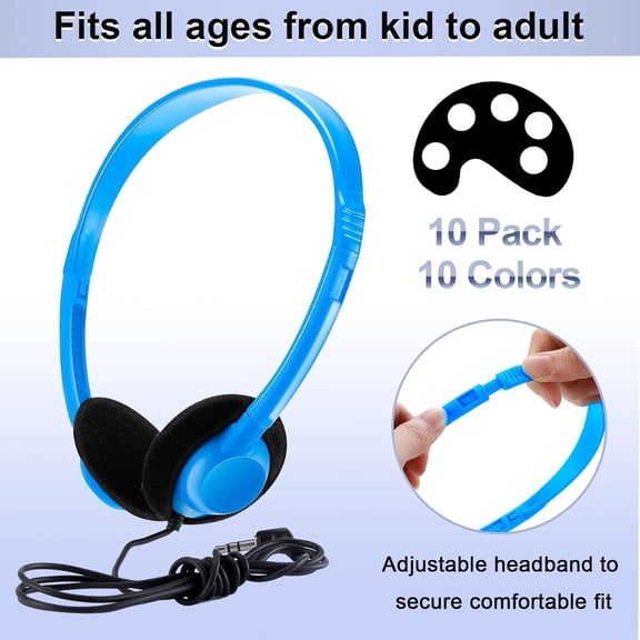 MINSUI-10 Pack Bulk Headphones Set Over Ear Headphones with Adjustable Headband 3.5mm Plug Headsets Earphones for Learning Program, Computer Lab, Library, Testing & Multimedia Use (Vibrant Color)