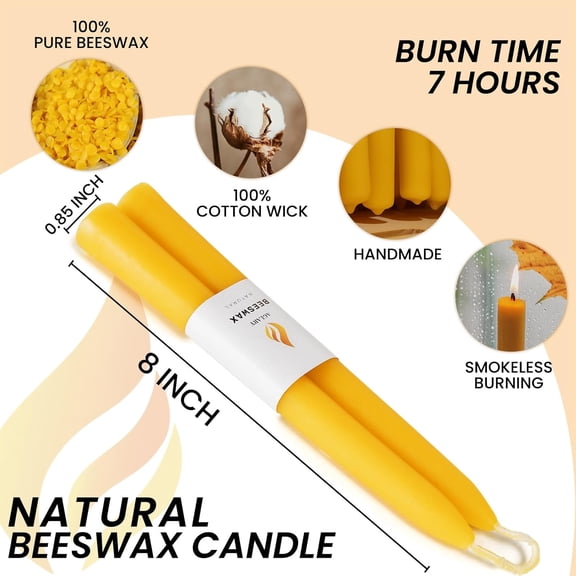 MINSUI-10 Pack Natural Yellow Pure Beeswax Taper Candles 8-Inch, Unscented with Cotton Wicks - Air Purifying, Recyclable Paper Box.