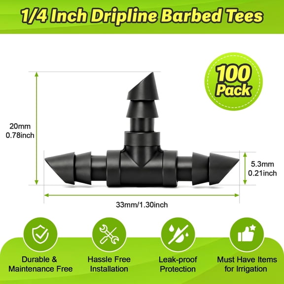 MINSUI-100 Pack 1/4" Drip Irrigation Tee Fittings1/4'' Drip Line Double Barbed Tee Connectors for 1/4 Inch Irrigation Tubing Quarter Inch 3-Way T Connector for Irrigation System