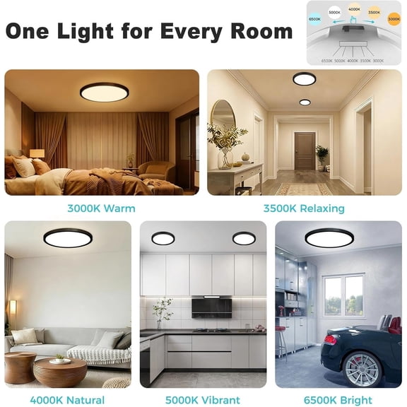 MINSUI-10Pack 7inch LED Flush Mount Ceiling Light, Dimmable & 5Color Temperatures (3000K-6500K), 15W Round Slim Black Light Fixture for Closet Hallway Kitchen Bathroom Laundry