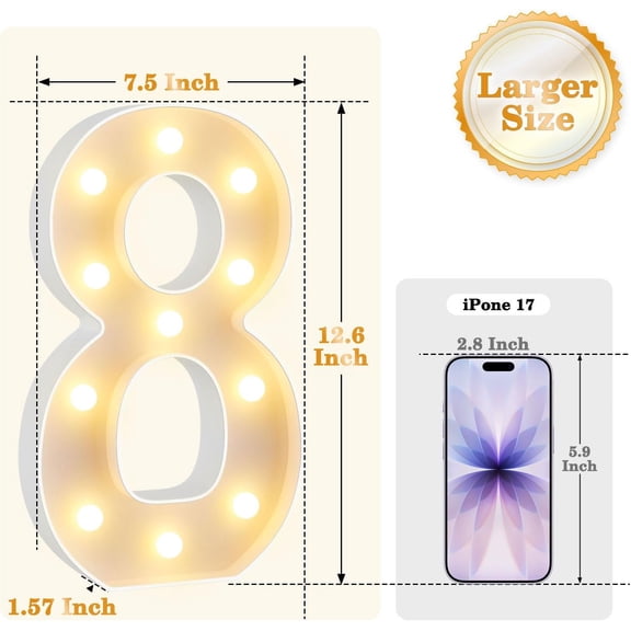 MINSUI-12.6 Inch LED Marquee Light Up Numbers with Happy Birthday Music, Remote Birthday Number Lights as Gifts for Girls Women Men, Lighted Marquee Numbers for Table Party Decorations, Number 8