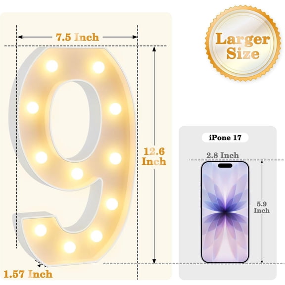 MINSUI-12.6 Inch LED Marquee Light Up Numbers with Happy Birthday Music, Remote Birthday Number Lights as Gifts for Girls Women Men, Lighted Marquee Numbers for Table Party Decorations, Number 9