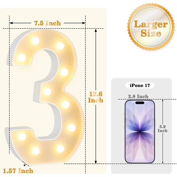MINSUI-12.6 Inch LED Marquee Light Up Numbers with Happy Birthday Music, Remote Birthday Number Lights as Gifts for Girls Women Men, Lighted Marquee Numbers for Table Party Decorations, Number 3