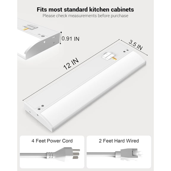 MINSUI-12 Inch LED Under Cabinet Light, Plug in Kitchen Lighting, 3CCT Selectable (3000K/4000K/5000K), CRI94 High Color Accuracy, Linkable, Slim Design, Matte White