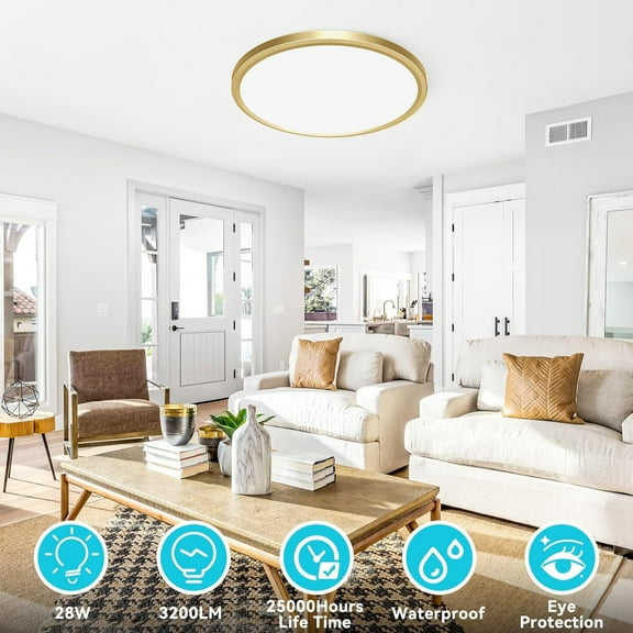 MINSUI-12 Inch LED Ceiling Light Golden, 28W 3200lm Aureate Flush Mount Ceiling Light, 3 Color Temperature 3000K/4500K/6000K, Gilded Round Flat Light Fixture for Kitchen Bathroom Shower
