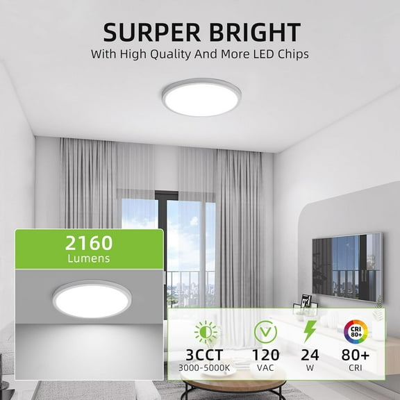 MINSUI-12 Inch Selectable CCT LED Round Flat Panel Light, 24W 3000K/4000K/5000K, Edge-Lit Flush Mount Ceiling Light Fixture for Kitchen, Bedroom, Laundry and Closet Room, White