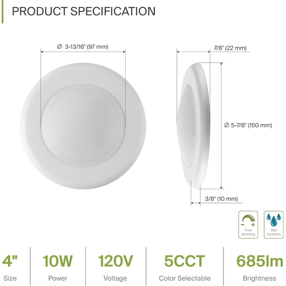 MINSUI-12 Pack LED Disk Lights 4 Inch, 10W 5CCT 2700K-5000K 685LM CRI90+, Dimmable Flush Mount Ceiling Light Fixture, Low Profile Surface Mount Disc, Junction Box or Recessed Can Install, UL Energy S