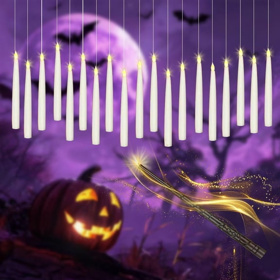 MINSUI-12 Pcs Floating Candles with Wand, LED Flickering Warm Light Magic Deco Candle, Flameless Taper Candles Battery Operated for Halloween Party Decor with Wand Remote Candle Wand Remote