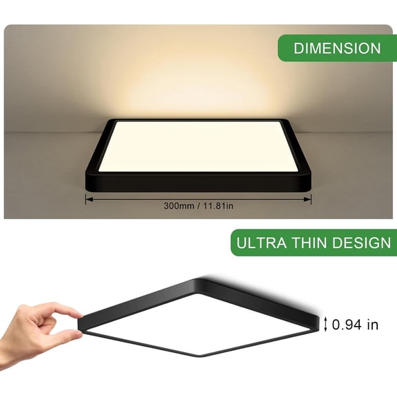 MINSUI-12Inch 24W Square LED Ceiling Light Fixtures Flush Mount, 3000K Warm White LED Ceiling Lamp, Surface Mount Modern Ceiling Lights, Slim Flat Panel Lighting for Bedroom, Kitchen, Bathroom Etc.Bl
