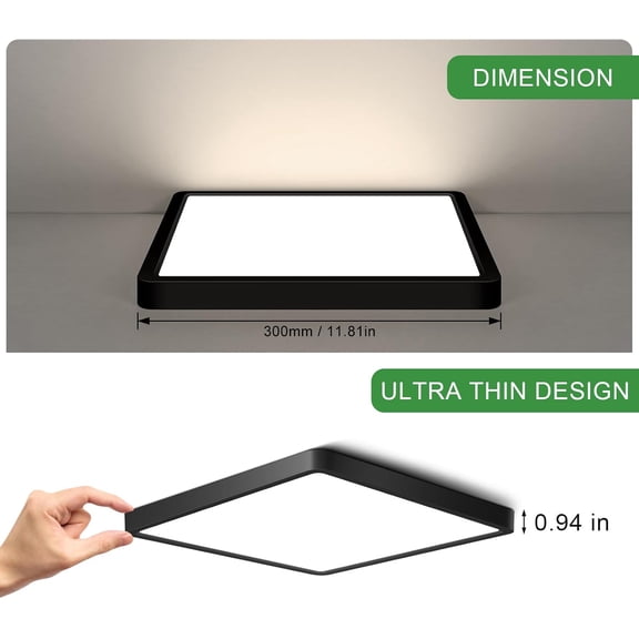 MINSUI-12Inch 24W Square LED Ceiling Light Fixtures Flush Mount, 4000K Natural White Ceiling Lamp, Surface Mount Modern Ceiling Lights, Slim Flat Panel Lighting for Bedroom, Kitchen, Bathroom Etc.Bla