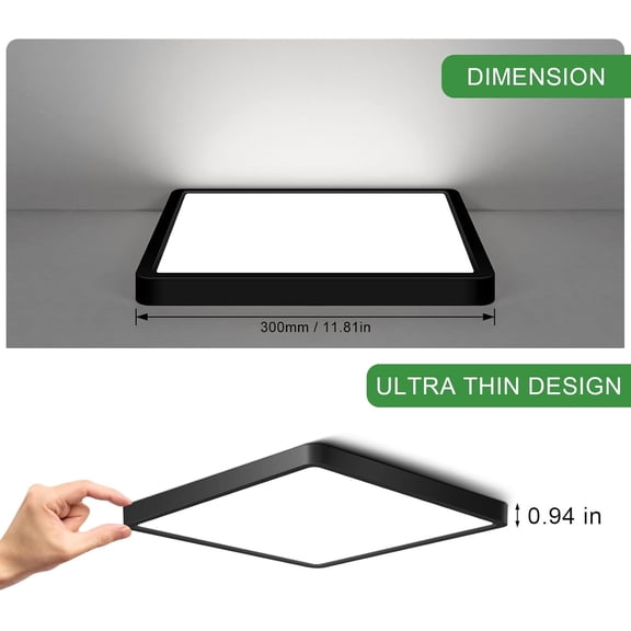 MINSUI-12Inch 24W Square LED Ceiling Light Fixtures Flush Mount, 5000K Daylight White LED Ceiling Lamp, Surface Mount Modern Ceiling Lights, Black Slim Flat Panel Lighting for Bedroom, Kitchen, Bathr