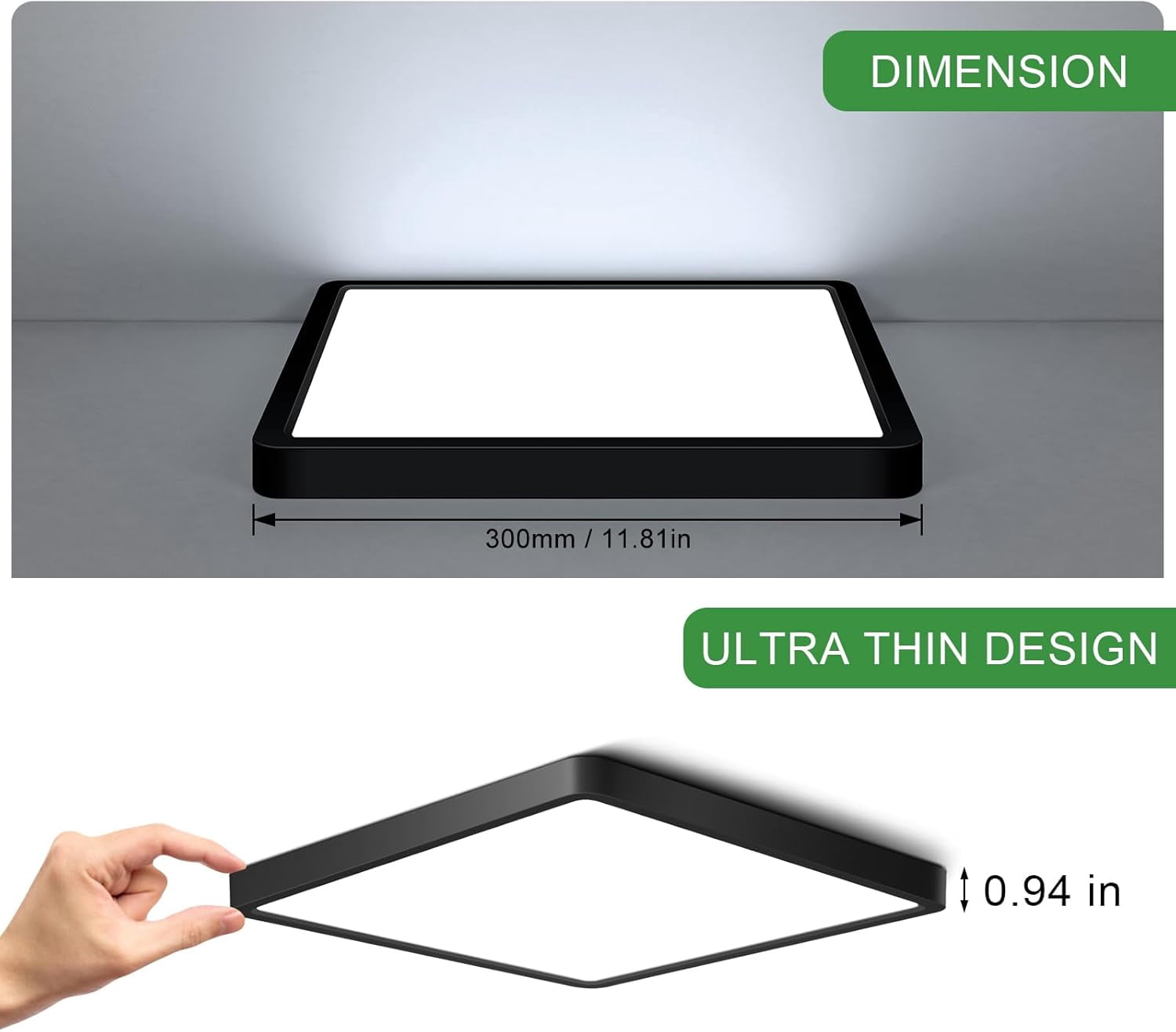 MINSUI-12Inch 24W Square LED Ceiling Light Fixtures Flush Mount, 6000K Cold White LED Ceiling Lamp, Surface Mount Modern Ceiling Lights, Black Slim Flat Panel Lighting for Bedroom, Kitchen, Bathroom