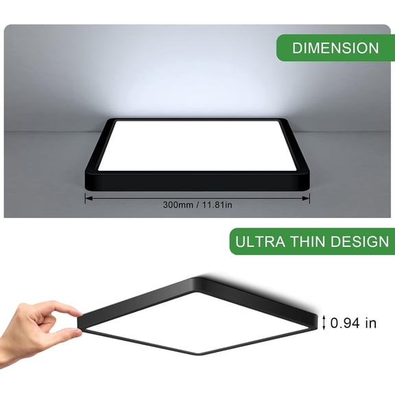 MINSUI-12Inch 24W Square LED Ceiling Light Fixtures Flush Mount, 6000K Cold White LED Ceiling Lamp, Surface Mount Modern Ceiling Lights, Black Slim Flat Panel Lighting for Bedroom, Kitchen, Bathroom