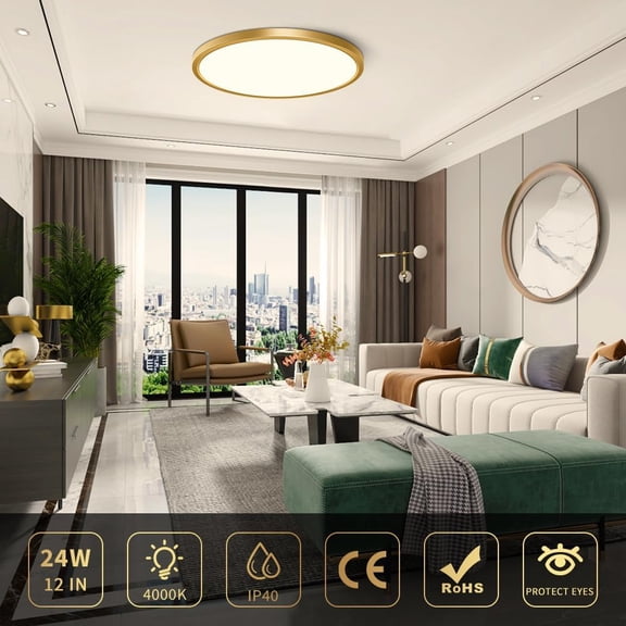 MINSUI-12Inch Gold Flush Mount Ceiling Light Fixture , 24W(240W Equivalent), 3200LM, 4000K Natural White, IP40, Flat Modern Round LED Ceiling Lights for Bedrooms, Living Rooms, Bathrooms, Stairwells,
